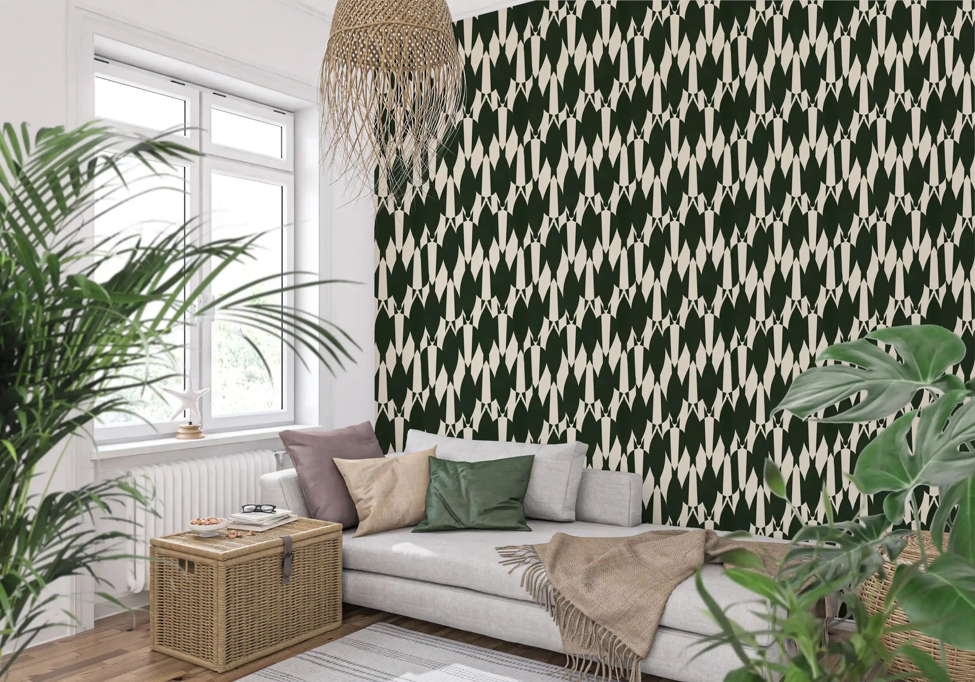 Geometric chevron crest pattern in forest green tones lining the living room walls