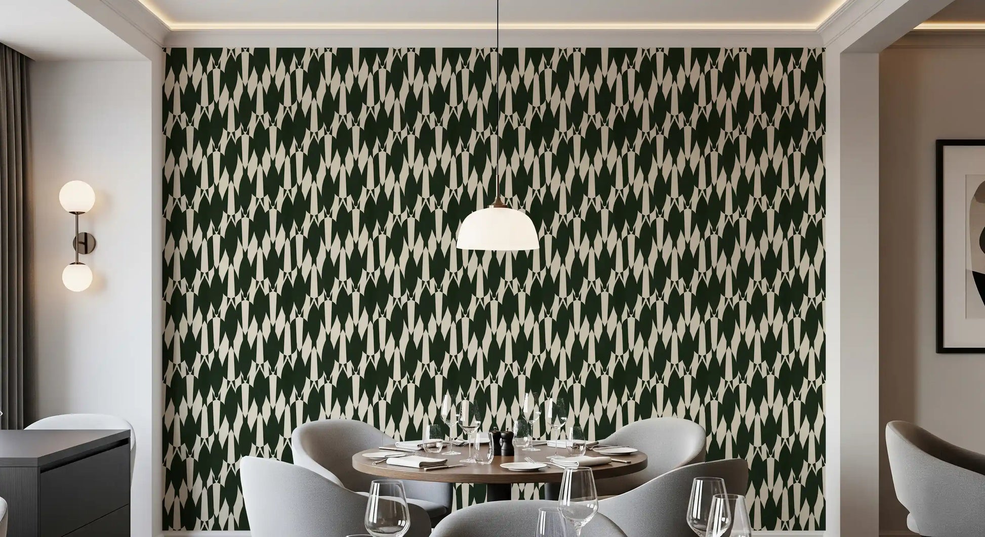 Pointed chevron crest wallpaper wrapping the entryway in a bold geometric forest shade