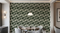 Pointed chevron crest wallpaper wrapping the entryway in a bold geometric forest shade