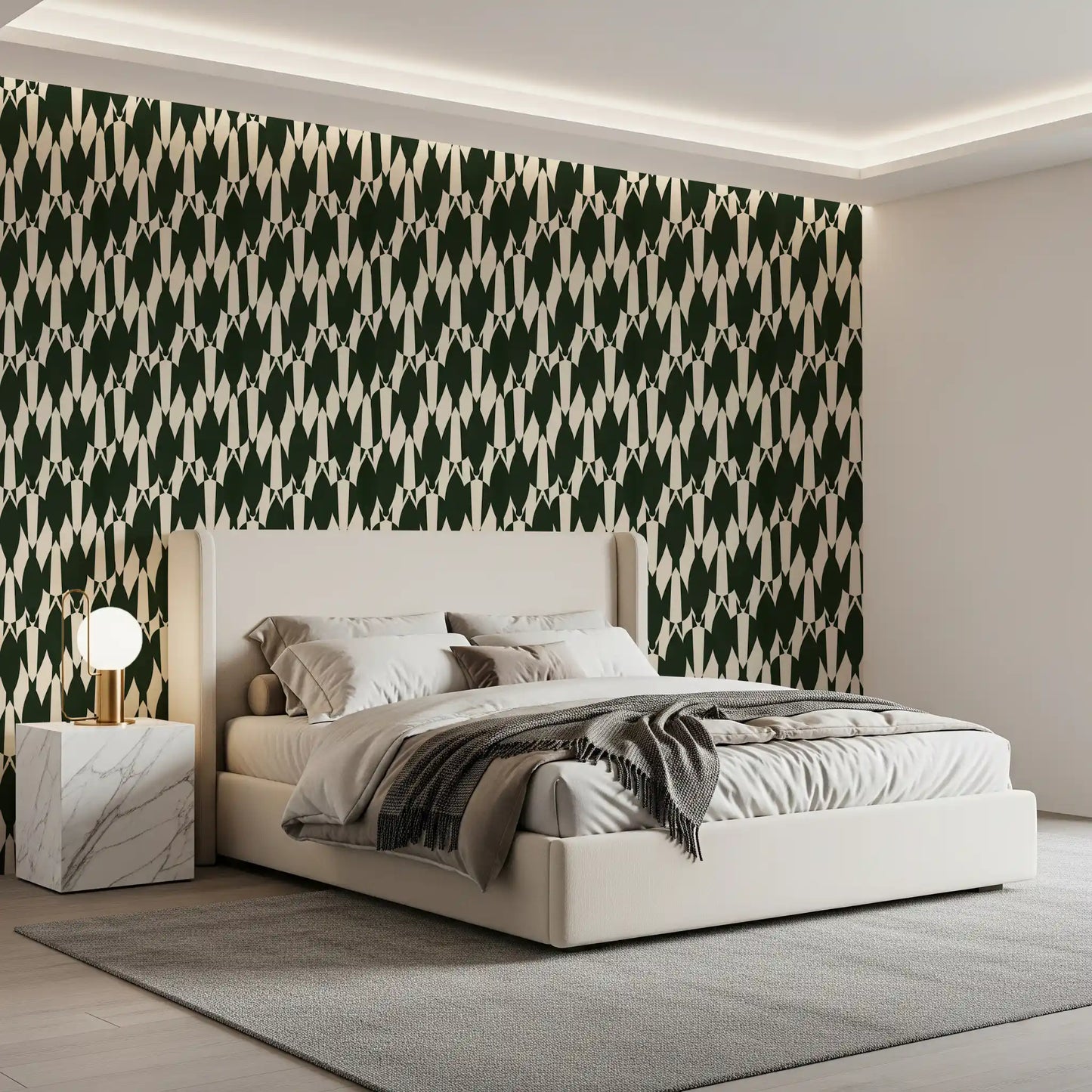 Cream-ivory chevron crest wallpaper anchoring the Bedroom in forest green tones
