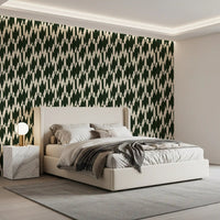 Cream-ivory chevron crest wallpaper anchoring the Bedroom in forest green tones
