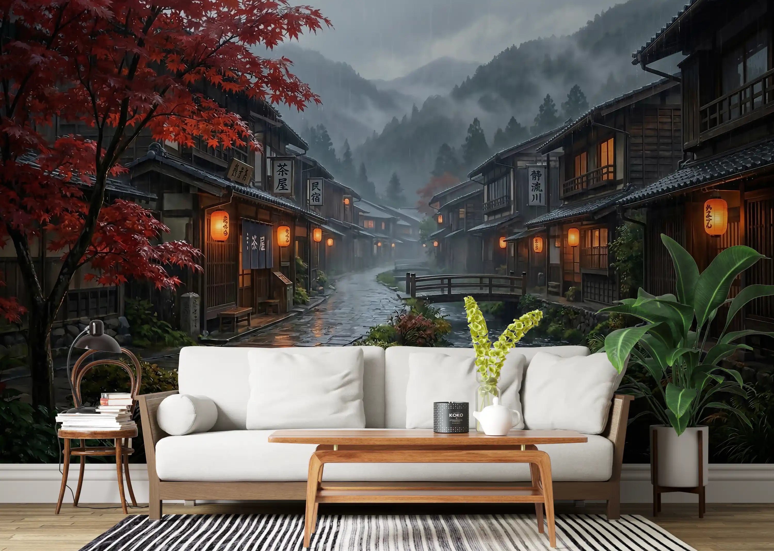 Rainy Japan Village Crimson Maple Street Wall Mural