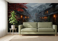 A living room backdrop featuring the rainy Japanese village wall mural