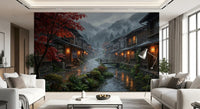 Wooden teahouses and glowing signs featured in this Japan village wall mural