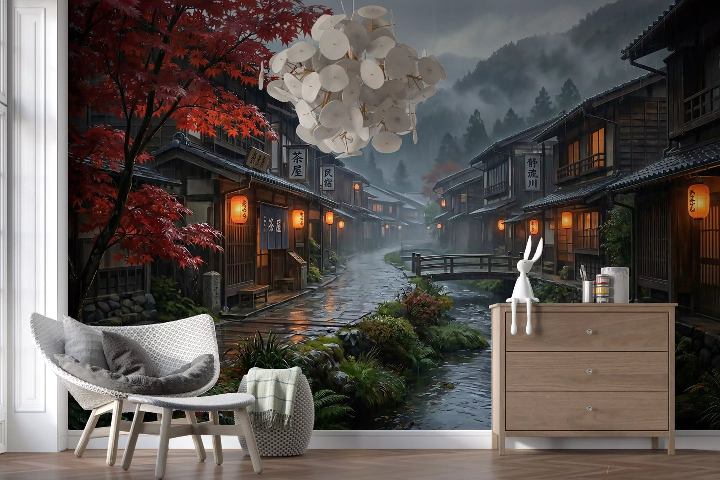 Japan rain scene wall mural giving a lounge its focal point