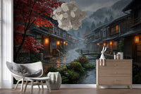 Japan rain scene wall mural giving a lounge its focal point