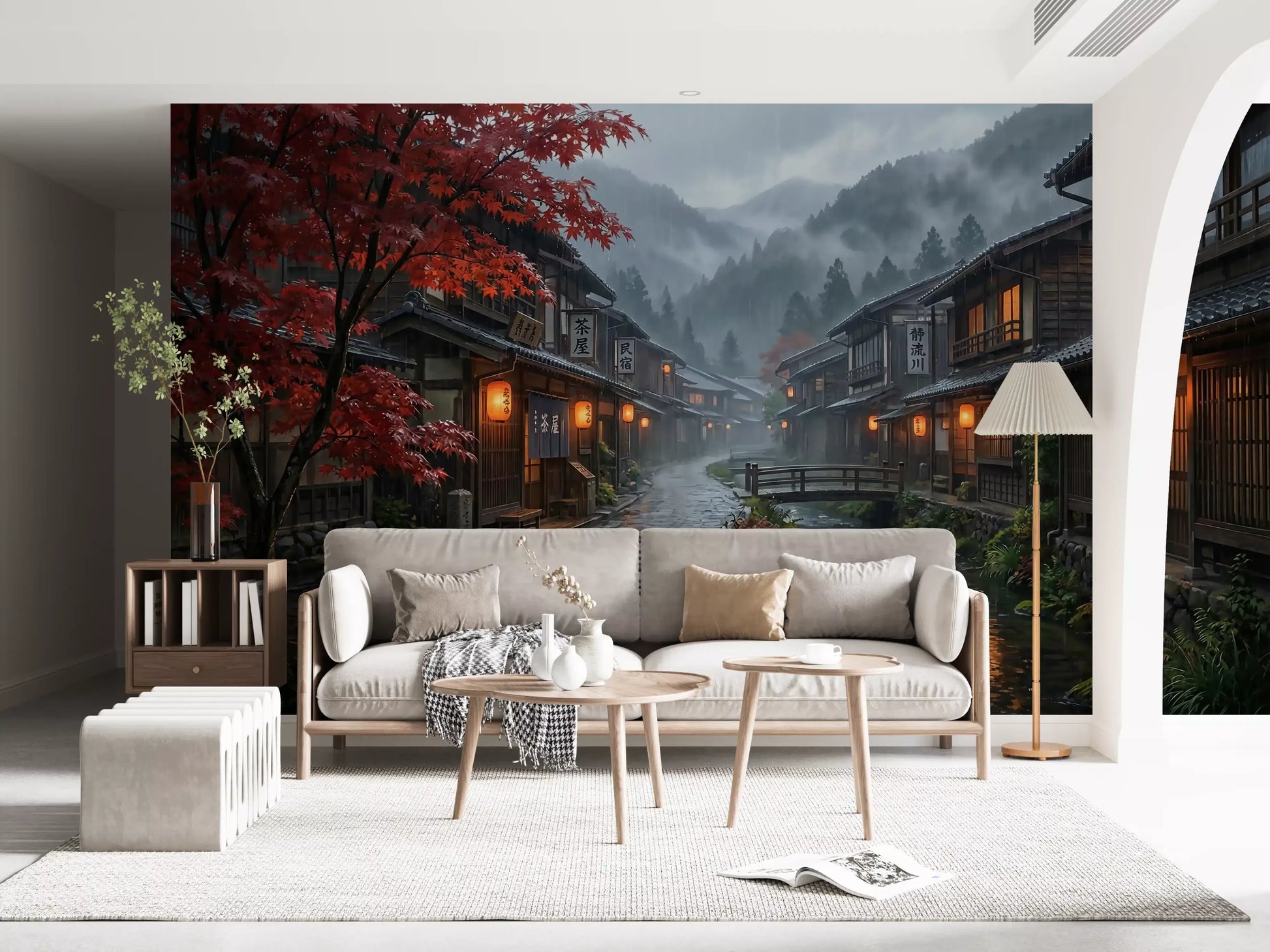 Red maple branches framing a rainy Japanese village wall mural