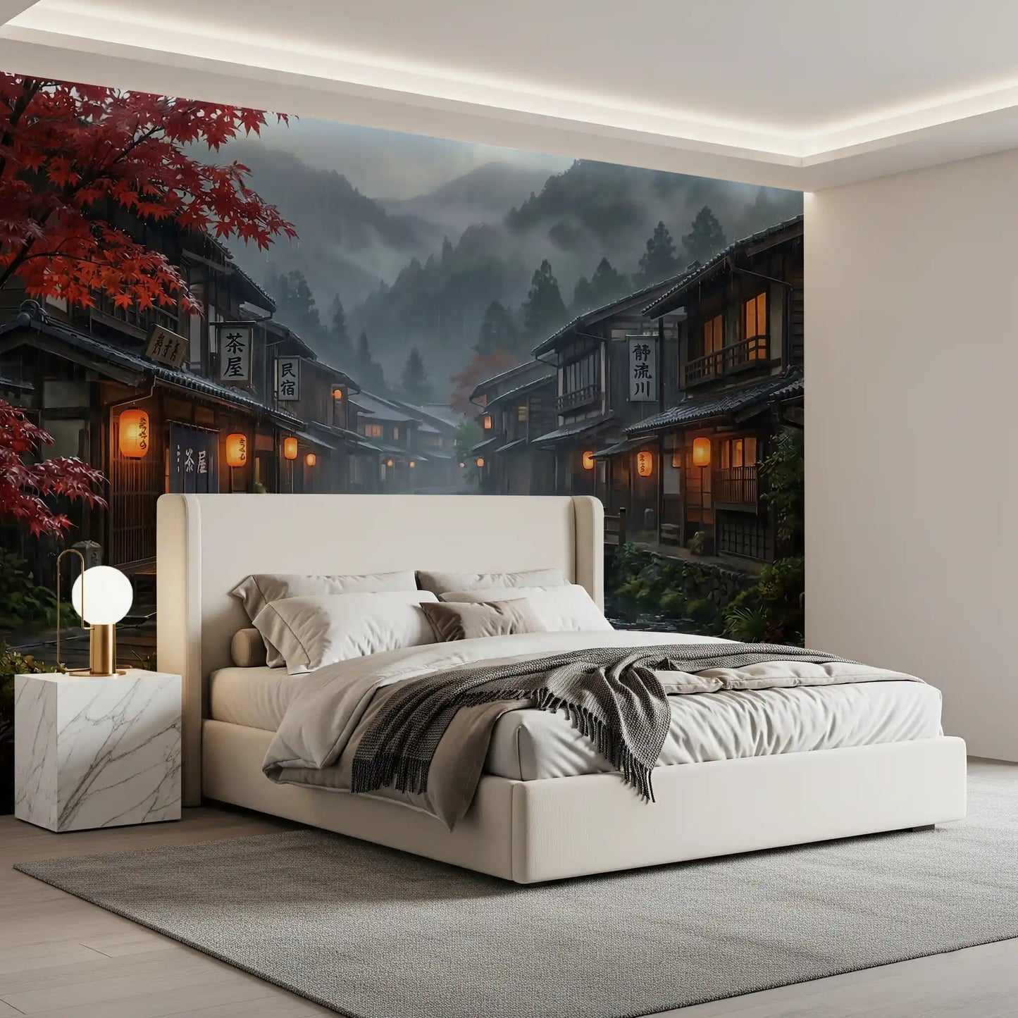 Misty mountain backdrop visible in the Crimson Rain Old Japan wall mural