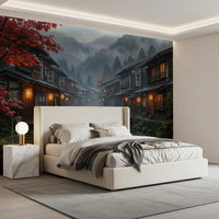 Misty mountain backdrop visible in the Crimson Rain Old Japan wall mural