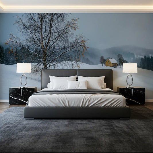 Bare winter tree and snow scene wall mural running across a bedroom