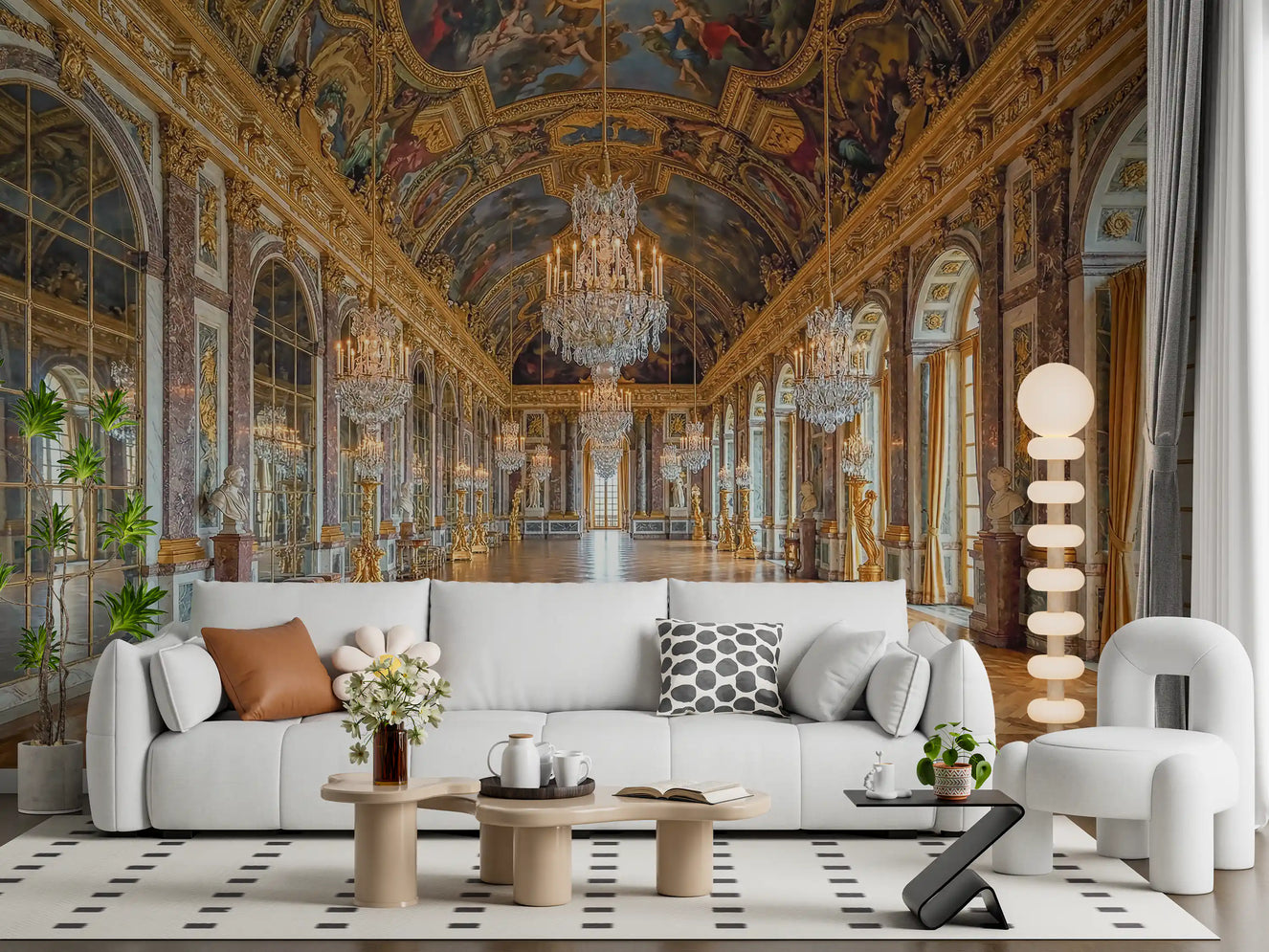 Hall of Mirrors Grandeur wall mural spanning a living room feature surface in gold
