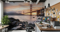 San Francisco Bay sunset wall mural framing the Dome office accent with bridge and rocky coast