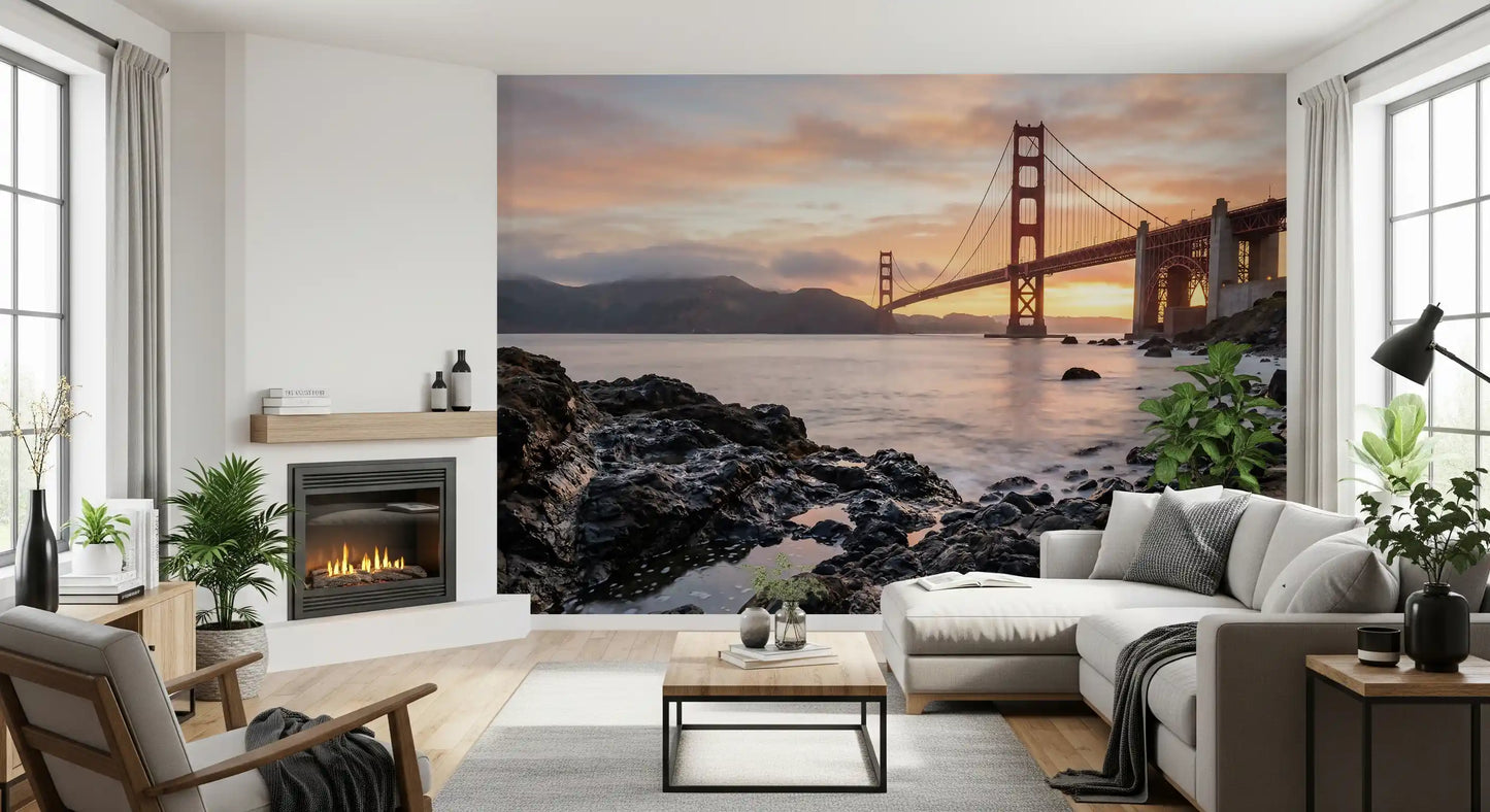 Golden Gate Bridge rises at sunset on this landscape wall mural with misty backdrop