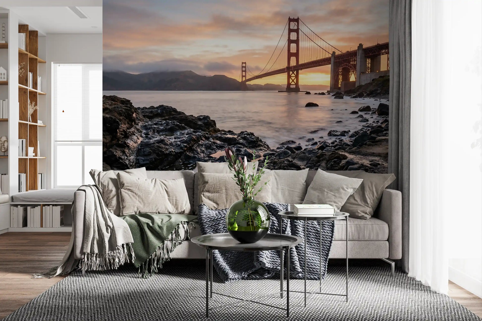 Bridge at sunset wall mural wrapping the Living room in warm golden-hour tones