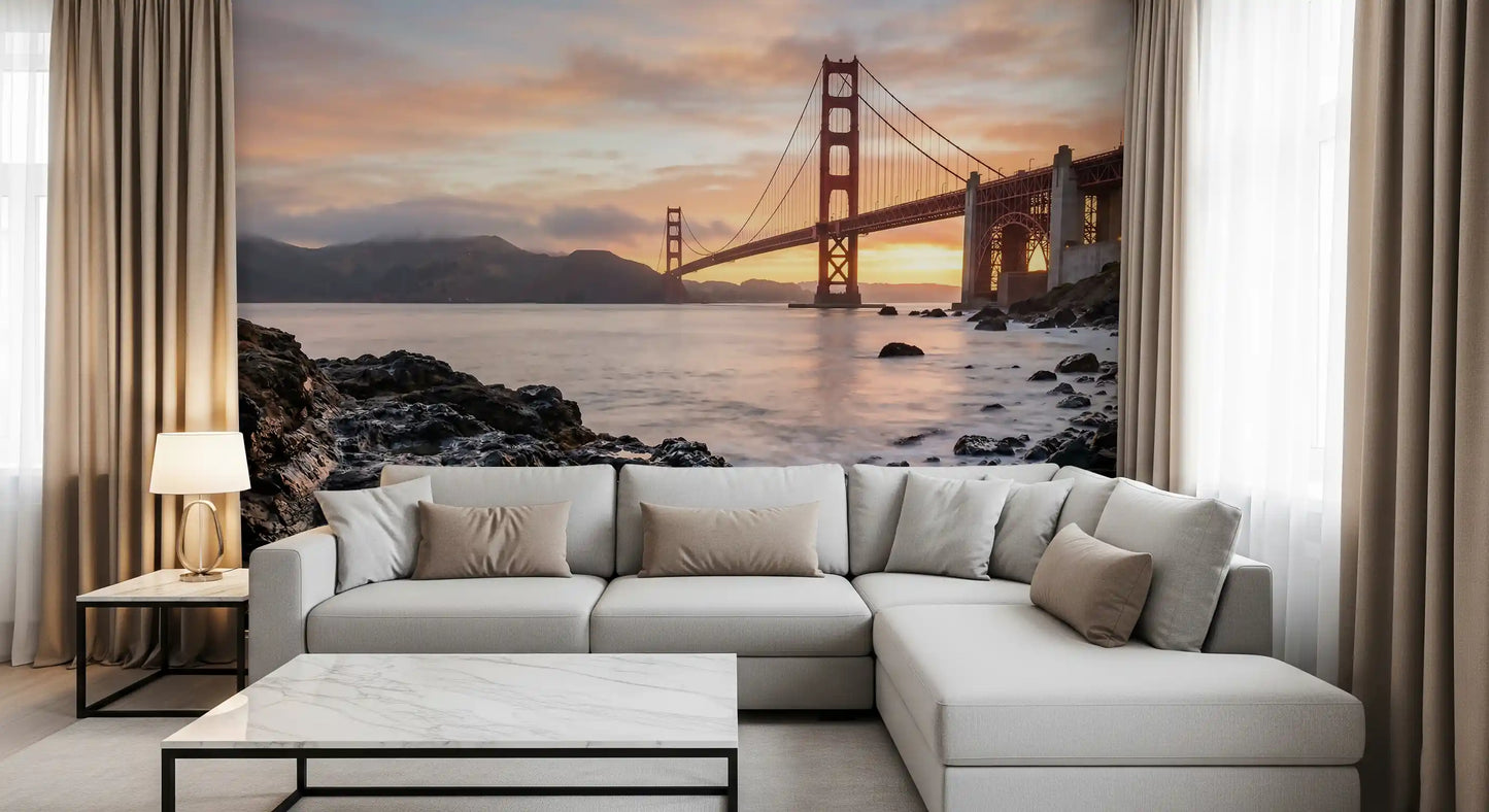 Sunset bridge wall mural installed in the entryway, welcoming visitors with warm skies
