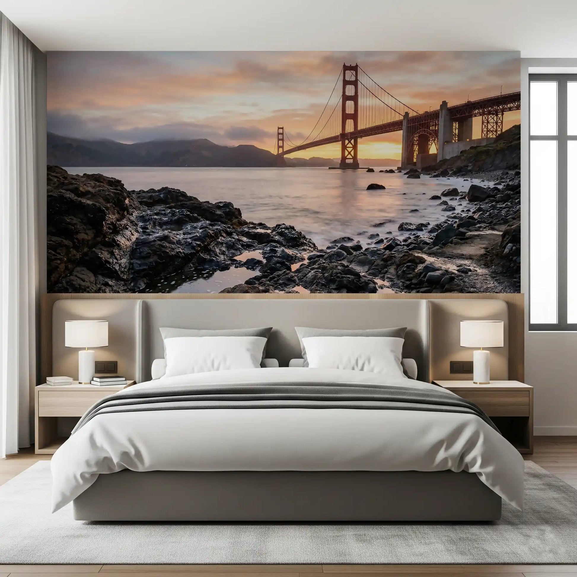Rocky shoreline and Golden Gate wall mural creating a focal point across the Bedroom