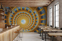 Cafe dining room with the yellow blue spiral perspective wall mural