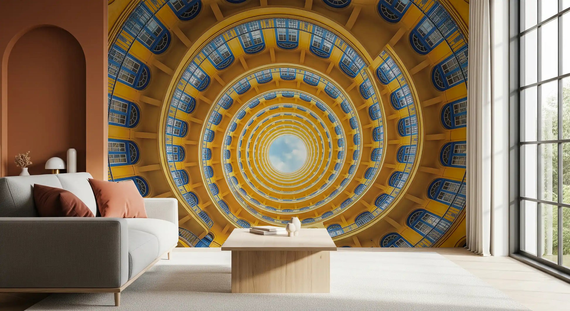 A Living room featuring the golden spiral architecture wall mural