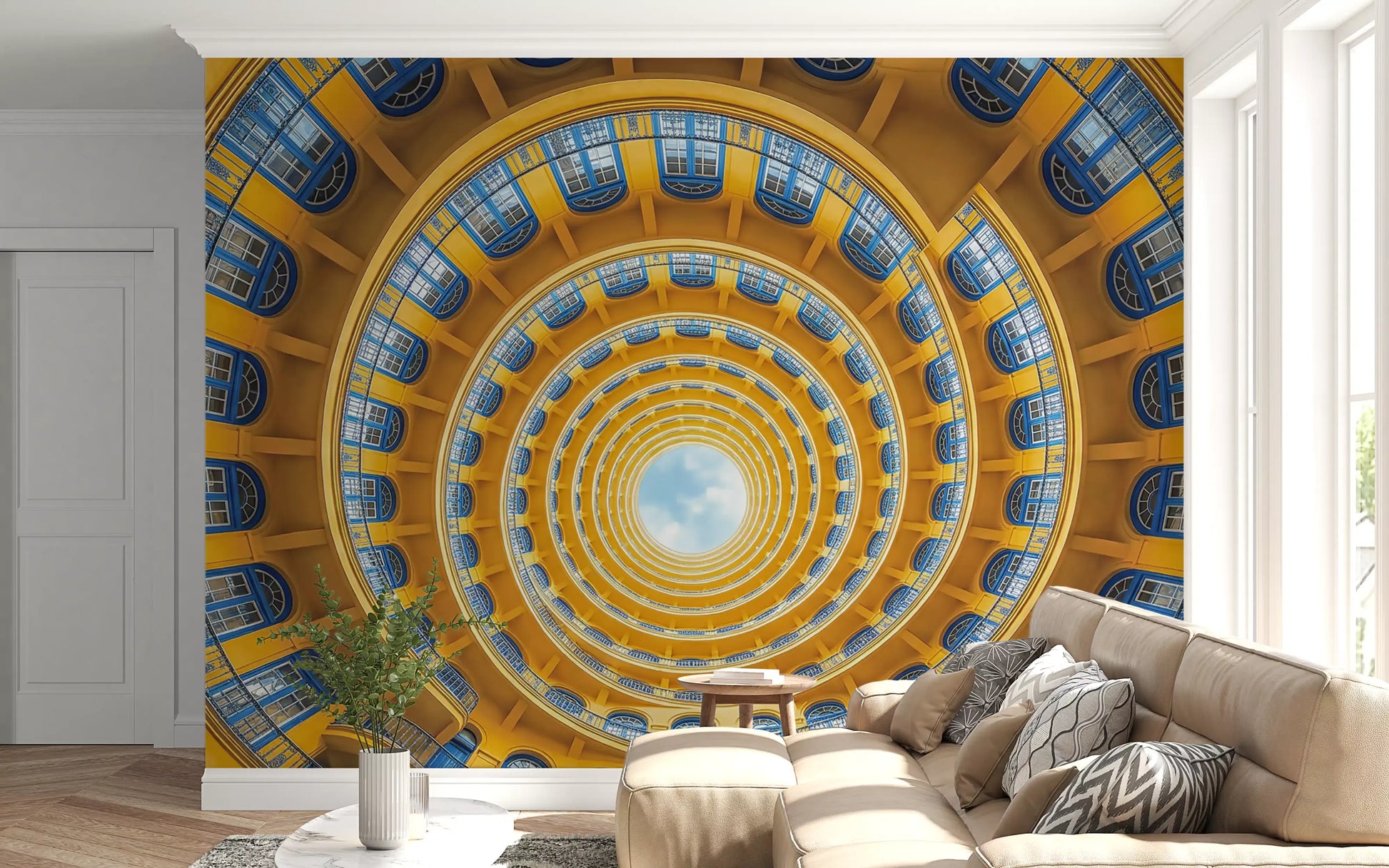 Lounge interior showcasing the golden spiral perspective wall mural