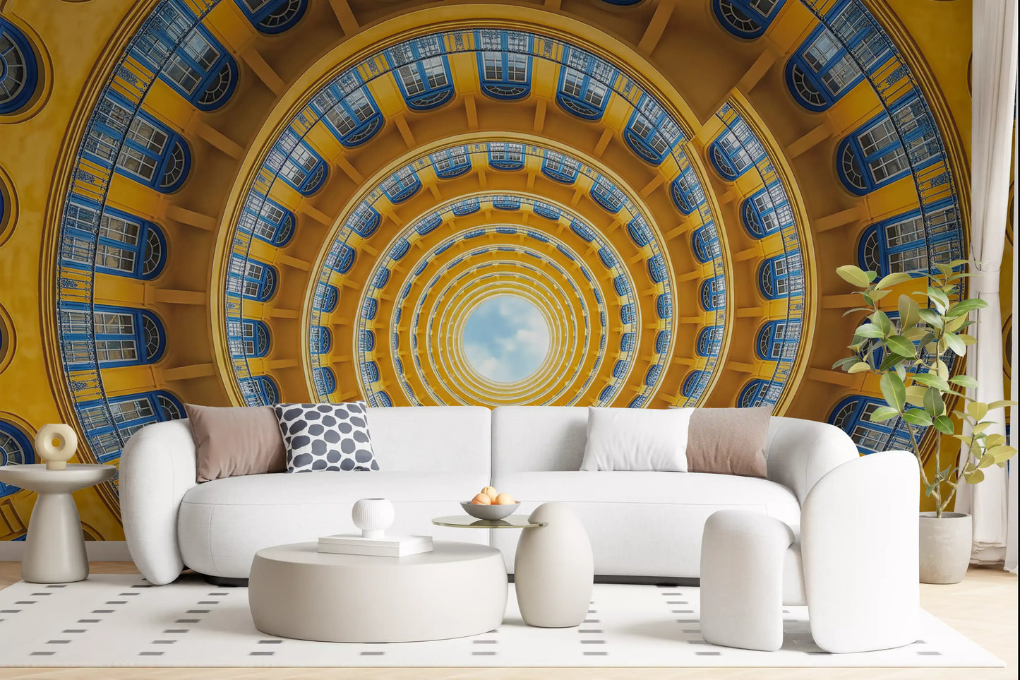 Golden yellow tiers contracting toward a sky opening on the spiral wall mural