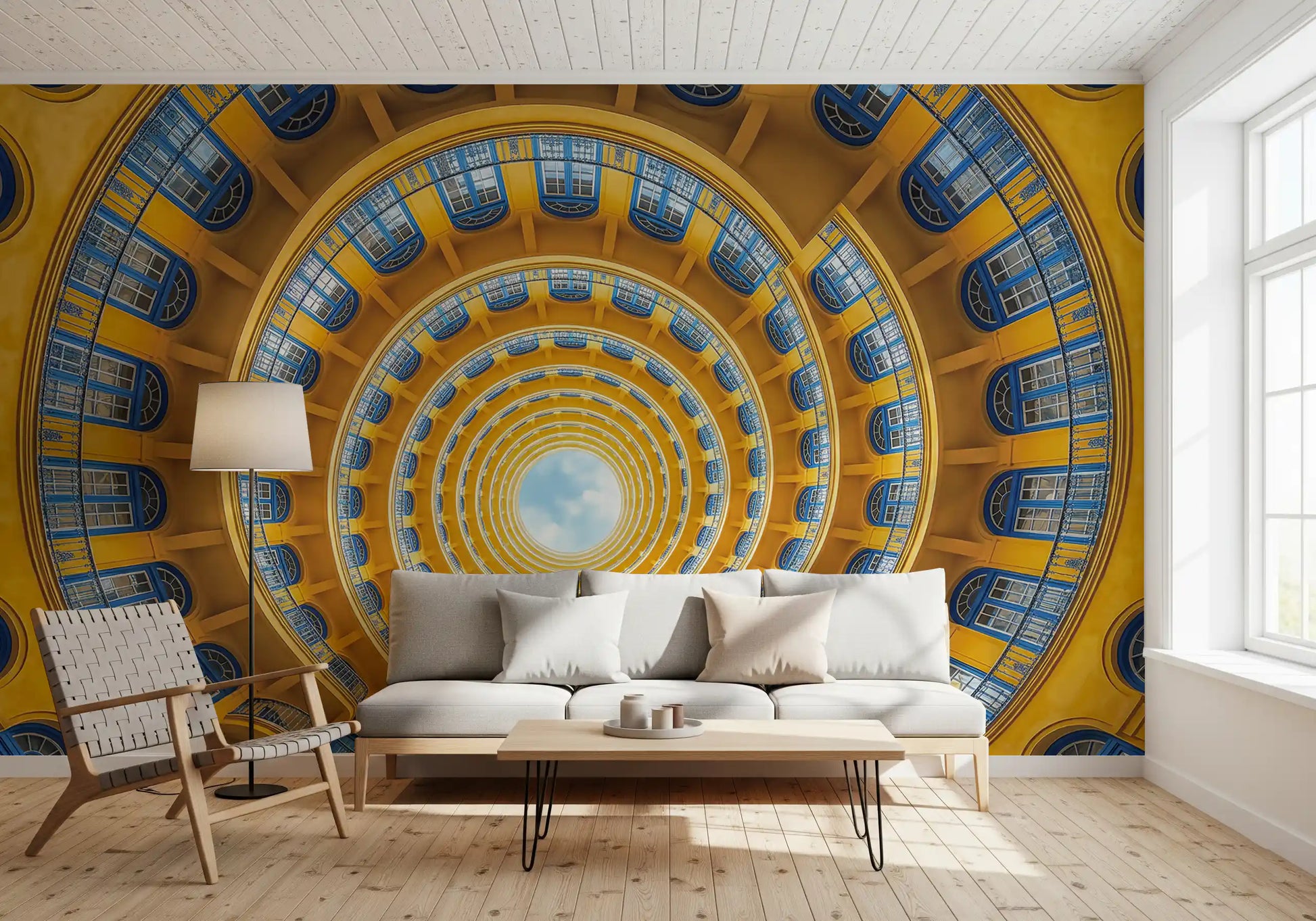 Blue-framed windows repeating in each ring of the golden spiral wall mural