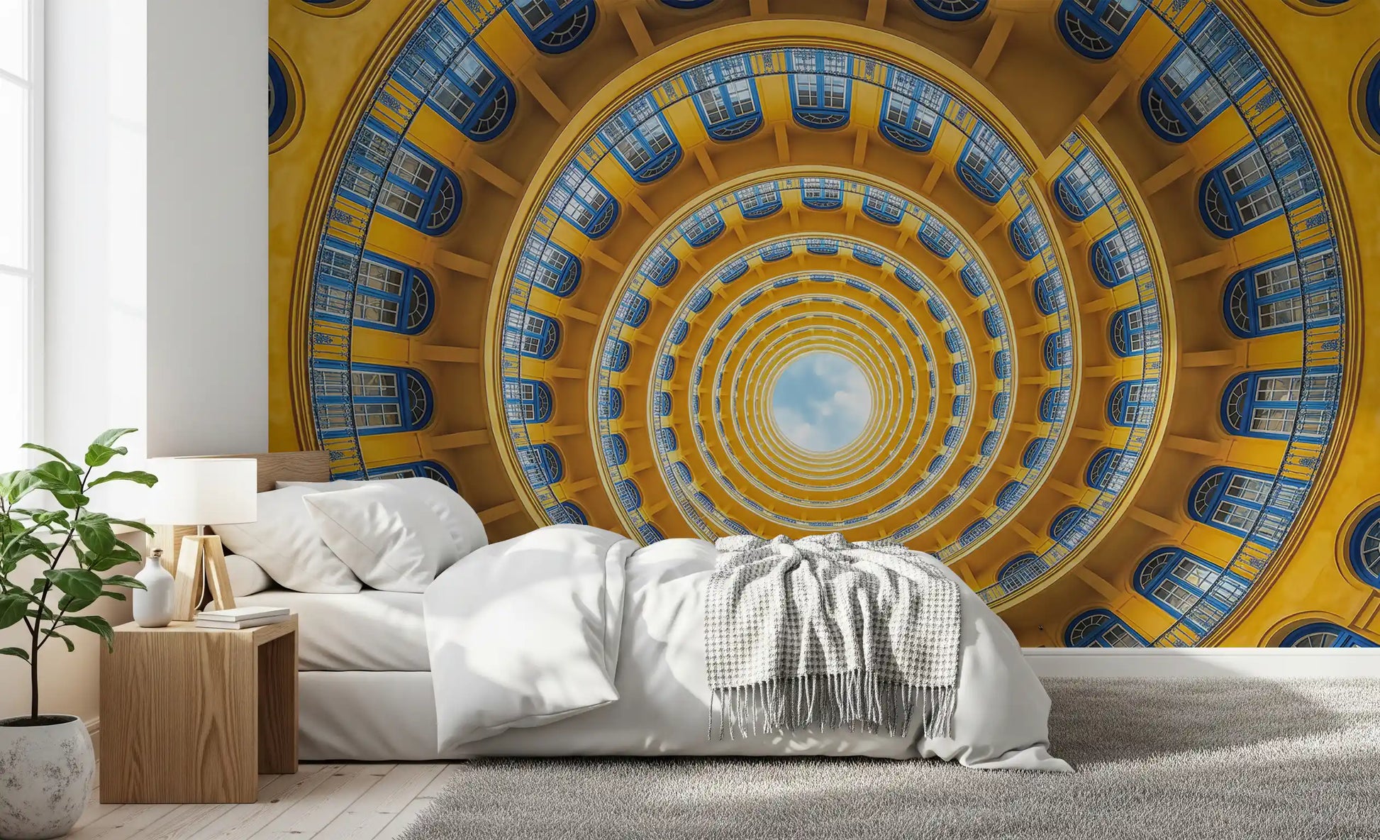 Aerial view down the circular architecture captured in this perspective wall mural