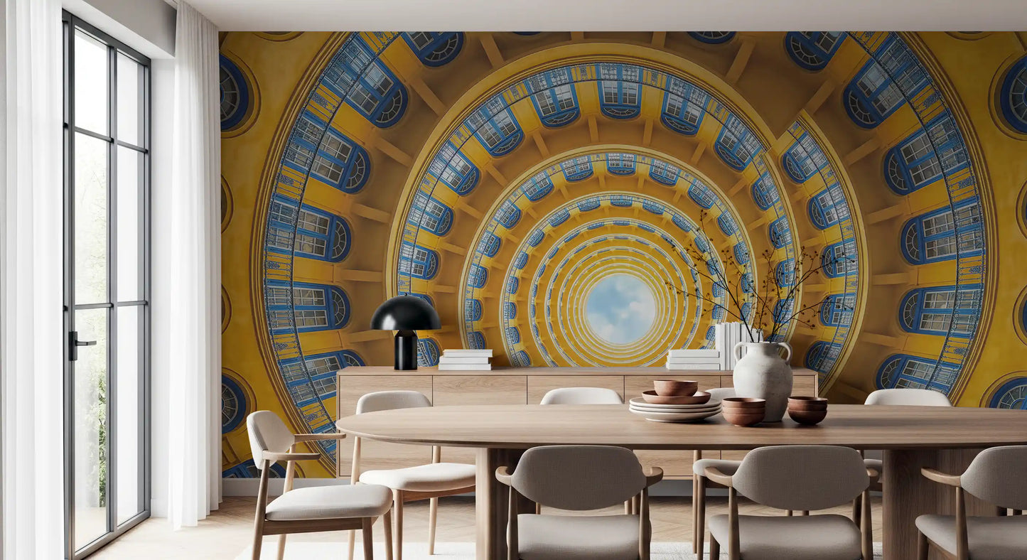 Concentric rings of golden yellow and blue windows on the spiral wall mural