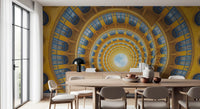 Concentric rings of golden yellow and blue windows on the spiral wall mural