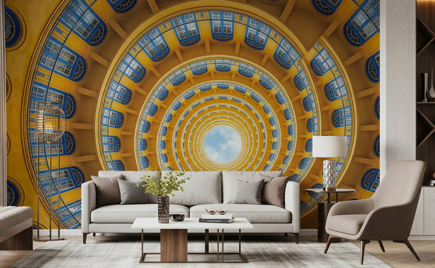 Golden spiral perspective wall mural as a living room centerpiece