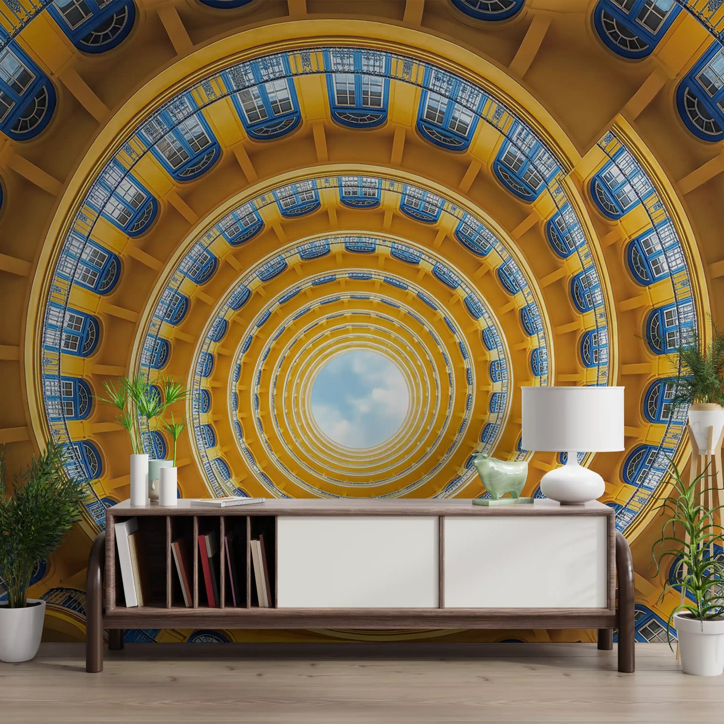 Golden spiral wall mural visible in a bright open hallway backdrop 