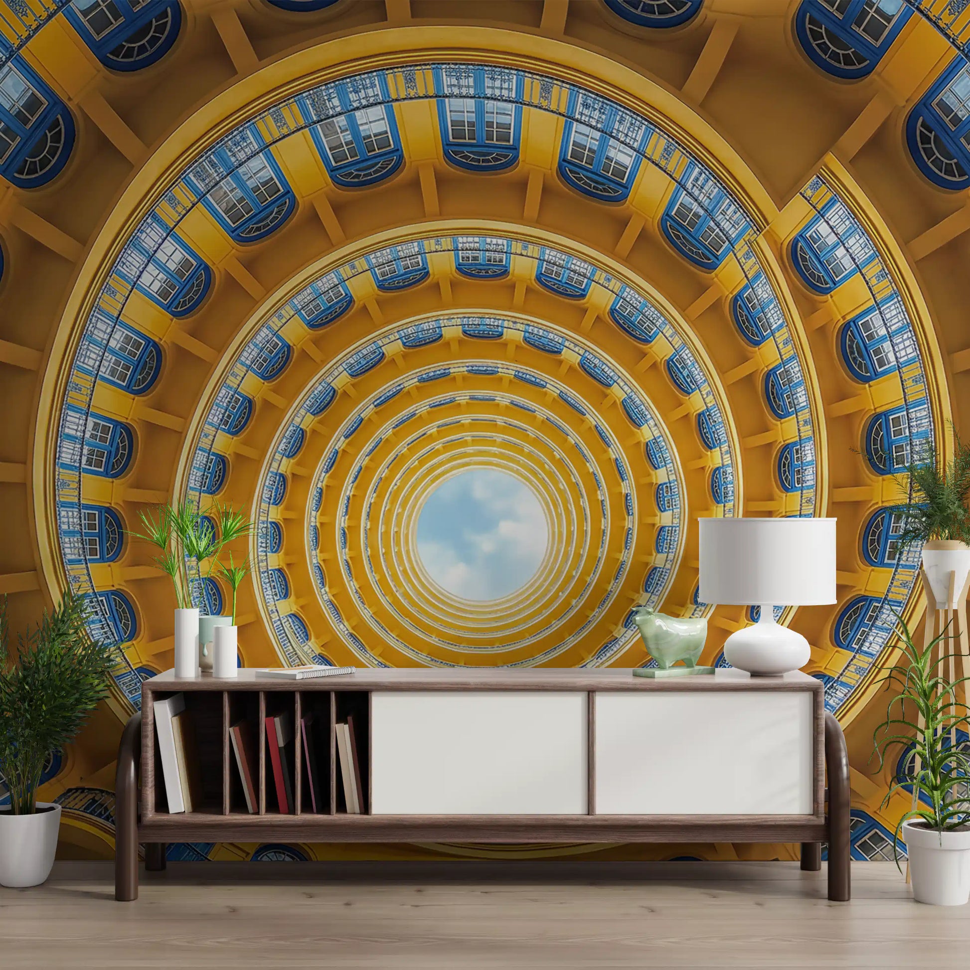 Golden spiral wall mural visible in a bright open hallway backdrop 