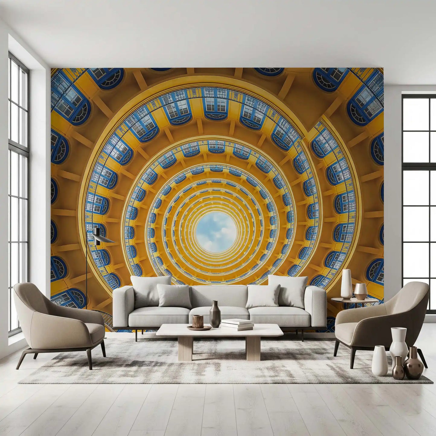 Golden architecture wall mural filling a modern open-plan living room
