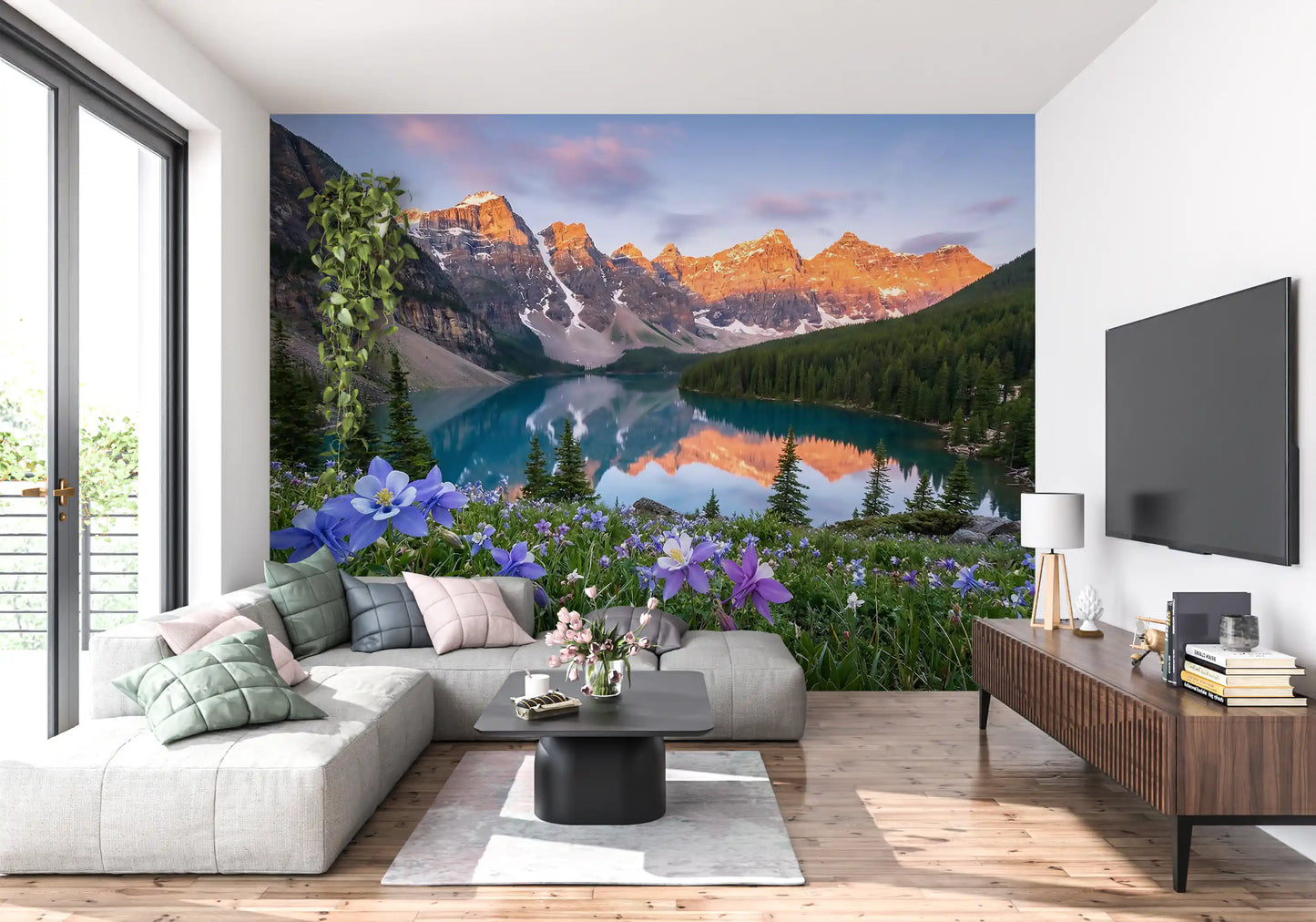 Purple columbine wildflowers along the base of this Alpine Glow wall mural
