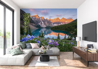 Purple columbine wildflowers along the base of this Alpine Glow wall mural