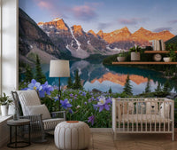 Alpine lake wall mural on a nursery feature surface with blue and green tones
