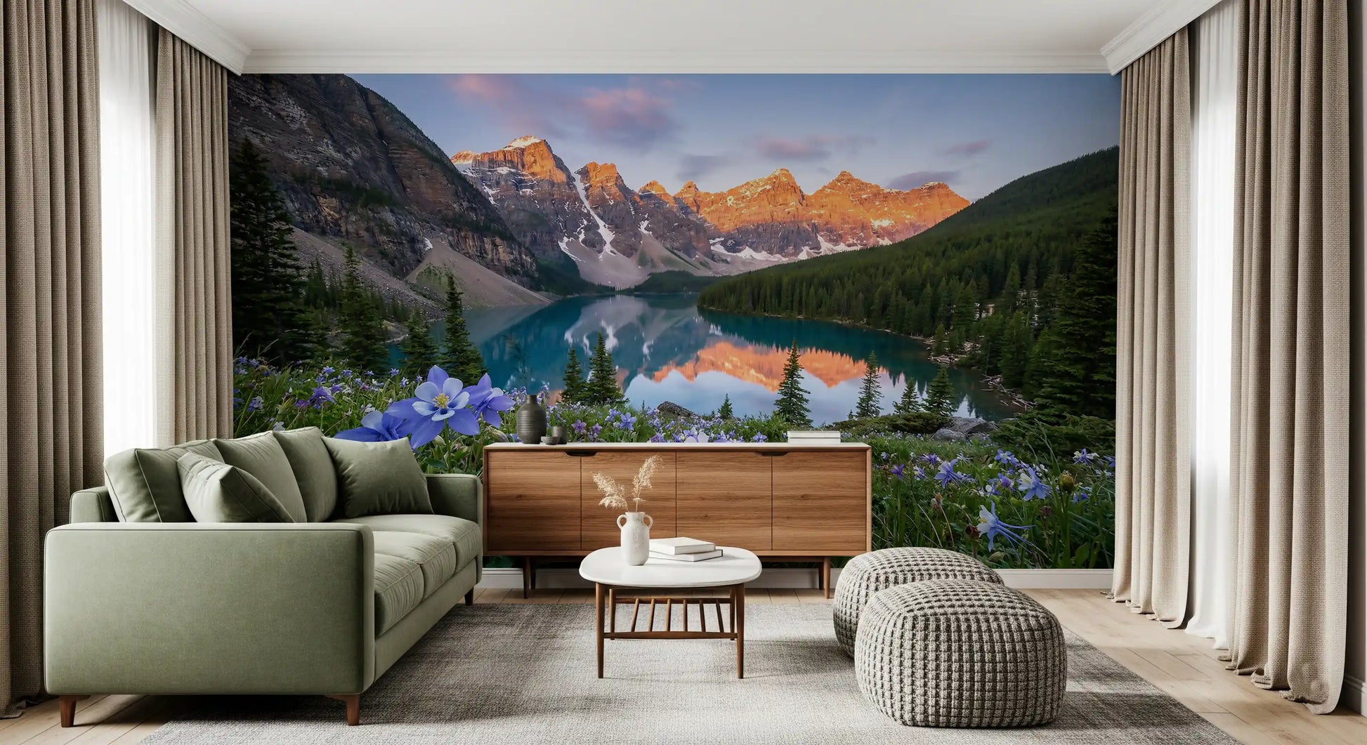 Lakeside mountain wall mural across a Living room in warm sunrise and teal tones