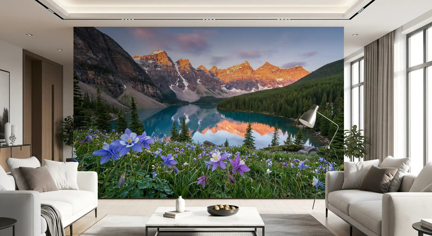 Snow-capped orange peaks mirrored in the Lakeside Blooms wall mural at dawn