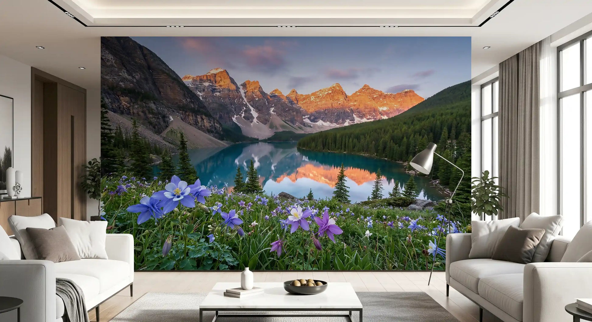 Snow-capped orange peaks mirrored in the Lakeside Blooms wall mural at dawn