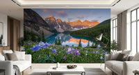 Snow-capped orange peaks mirrored in the Lakeside Blooms wall mural at dawn