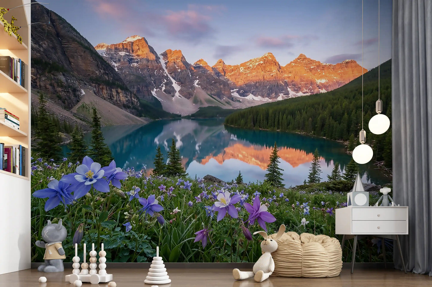 Mountain lake wall mural installed in a Nursery play area  with teal and amber tones
