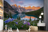 Mountain lake wall mural installed in a Nursery play area  with teal and amber tones