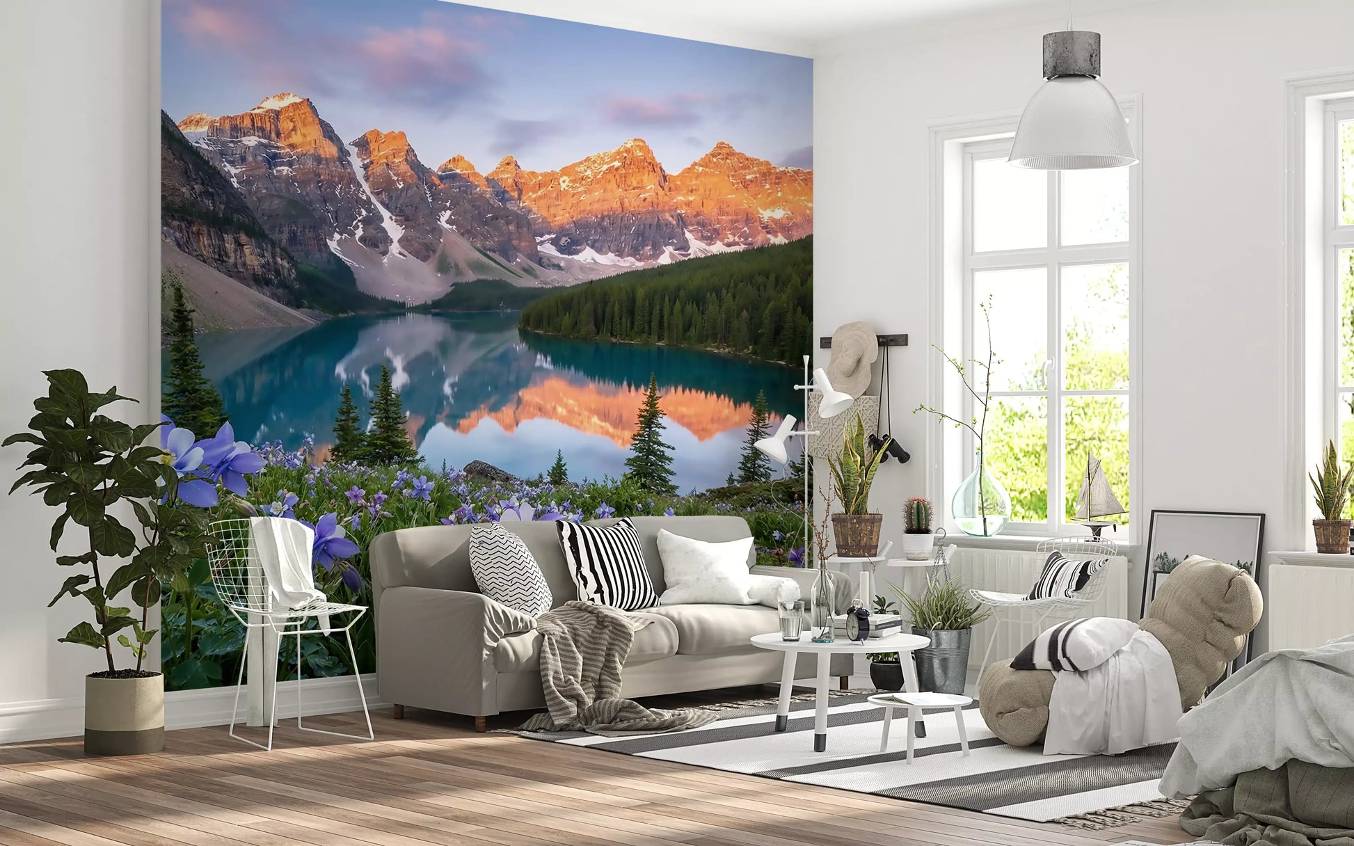 Lakeside Blooms wall mural covering a living room feature surface in soft blue