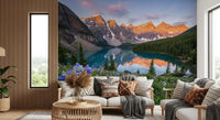 Dense pine forests flanking the turquoise lake in this Alpine Blooms wall mural