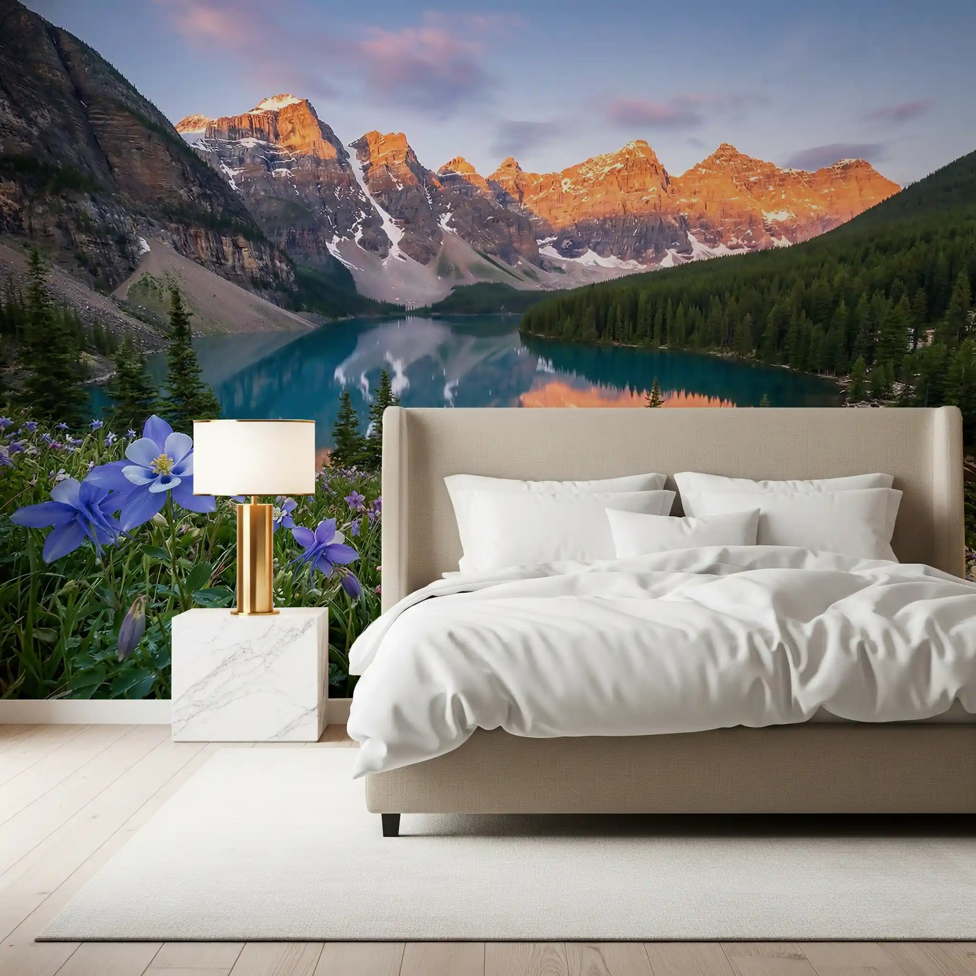 Alpine Glow Blooms wall mural placed across a bedroom in orange and green tones