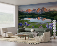 Purple columbine wildflowers filling the foreground of this landscape wall mural