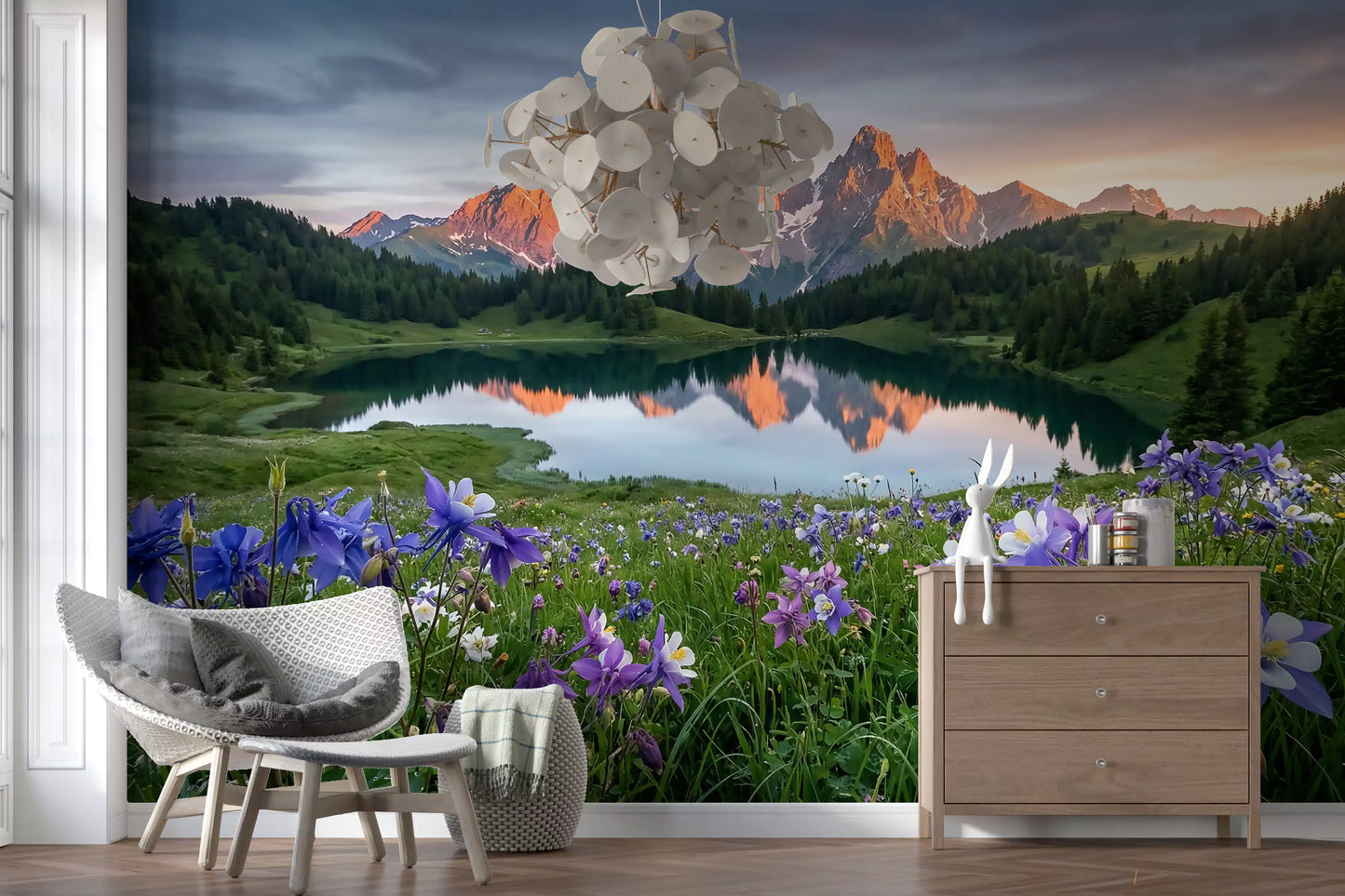 A lounge featuring the alpine glow wildflower wall mural in full width