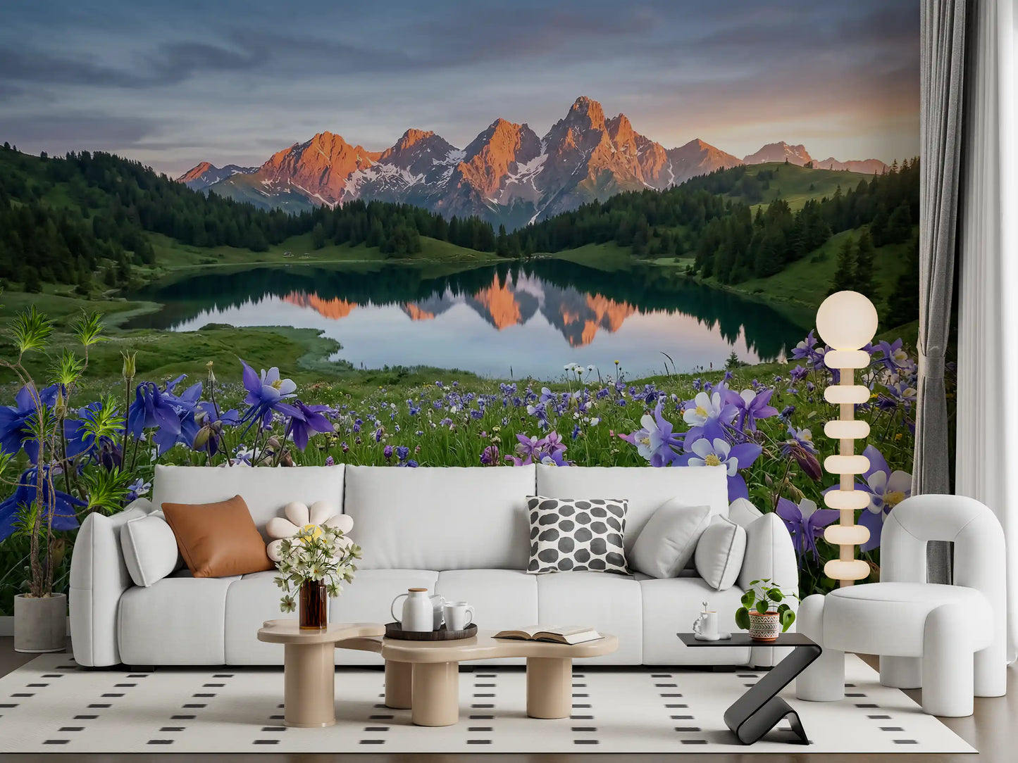Entryway with the alpine mountain lake reflection wall mural in full view