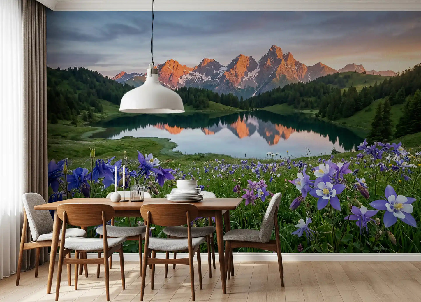 Blue and purple wildflowers in the foreground of the alpine glow wall mural