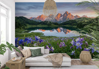 Mirror-still lake reflecting peaks in the alpine glow wall mural