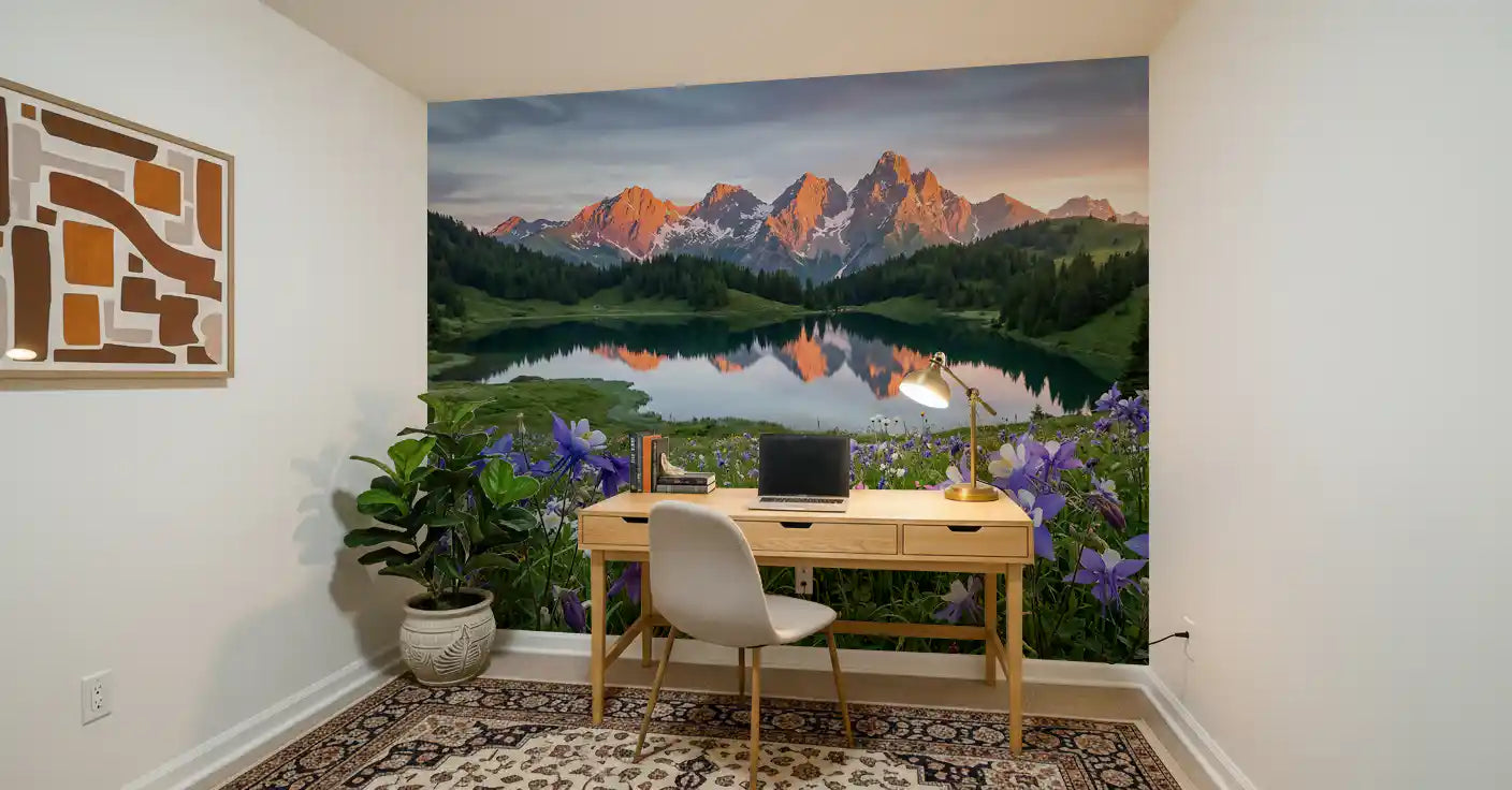 Alpine wildflower wall mural adding depth to a Study room setting